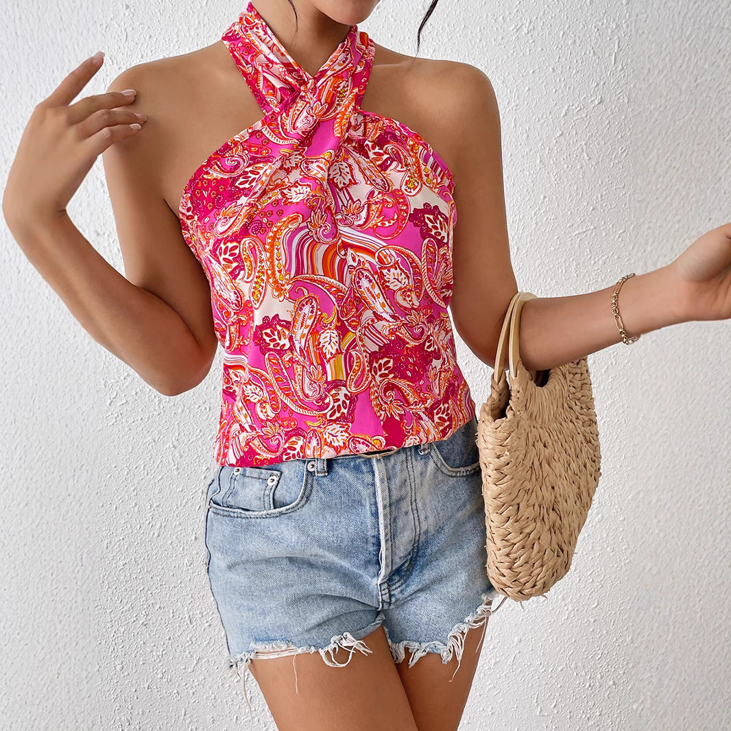 Colorful camisole sleeveless cross neck top