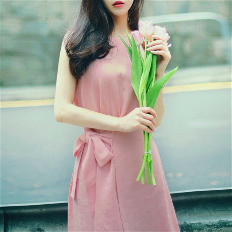 Summer New Style Korean Sweet Irregular Lace Solid Color Loose Round Neck Sleeveless A-Line Dress