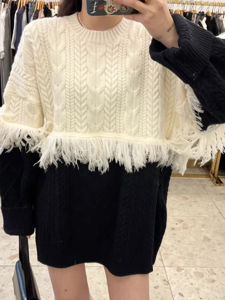 Fake Two Pieces Patchwork Color Contrast Tassel Loose Sweater Pullover Women Autumn Fashion Big size Knit Tops
