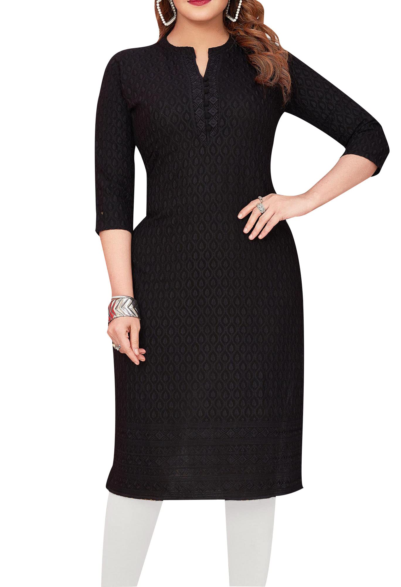 ladyline Rayon Chikhan Schiffli Embroidered Kurti for Womens Tunic Top Indian Kurta (L/Black/42)