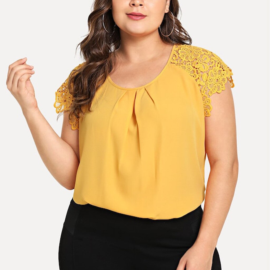 Womens Plus Size Lace Blouse Summer Casual Short Sleeve O-neck Solid Floral Lace Shoulder Tee Shirt Tops Summer Loose Blouse