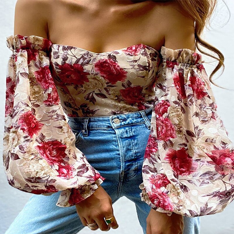 Elegant Floral Print Strapless Chiffon Shirt Fashion Women Off Shoulder Halter Sexy Blouse Shirt Summer Backeless Tops 3XL