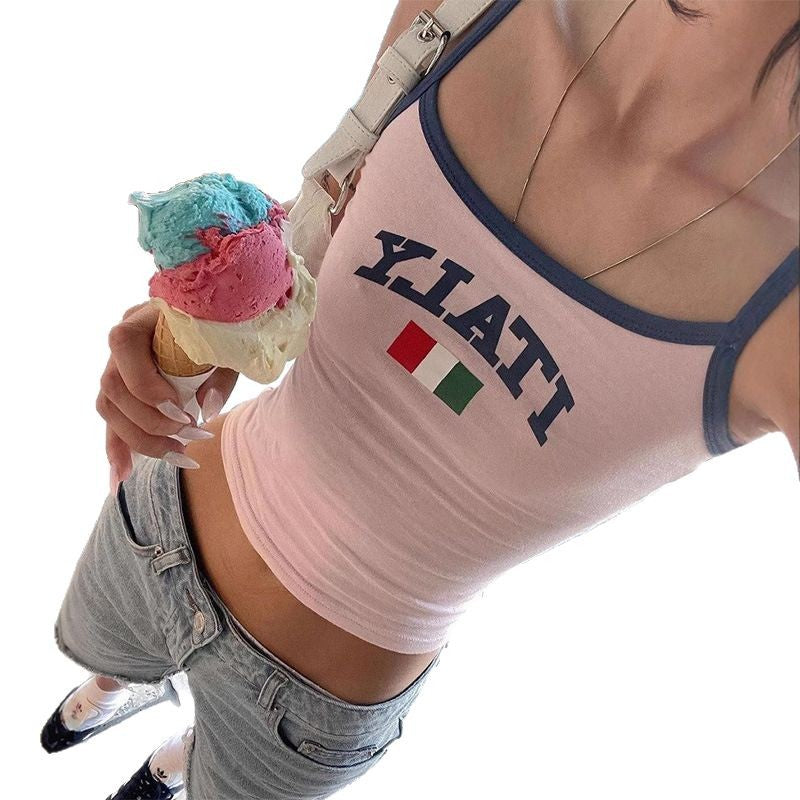 Fashionable Y2K Crop Top with Italy Letter Print and Slim Fit Strapless Camisole
