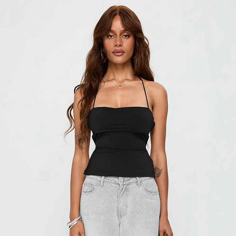 Solid color lace up backless camisole vest short top