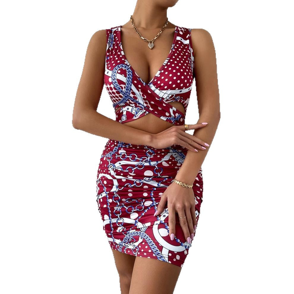 Cross-border Women's DressSummer Floral Print Fitted Cross-back Camisole Short Skirt