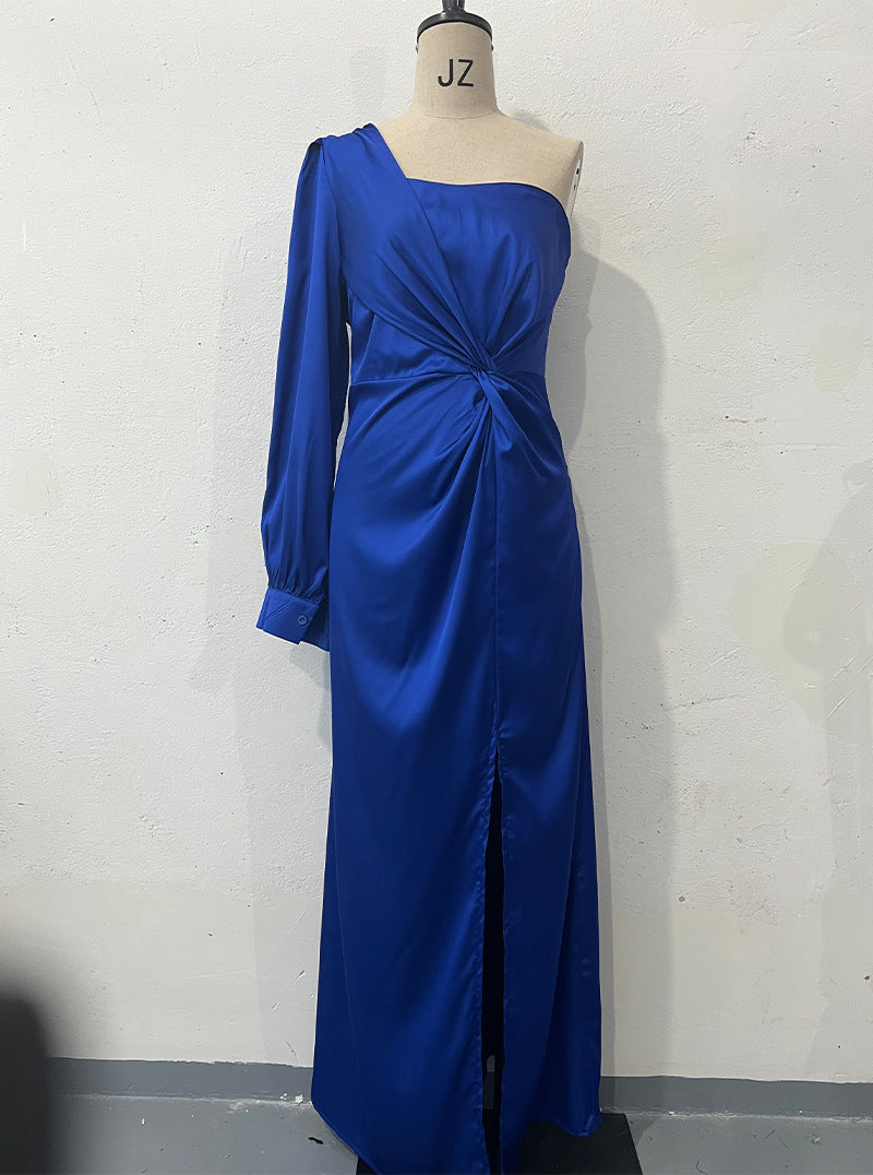 Women's One-shoulder Split Dress Ins Fashion Long-sleeved Slim Long Dresses Party Evening Clothing