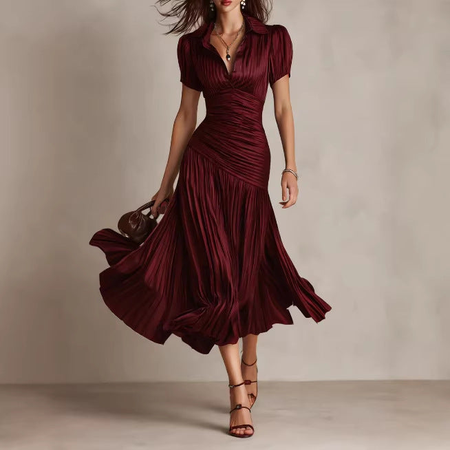 Retro Striped Satin Pleated Bodycon Dress