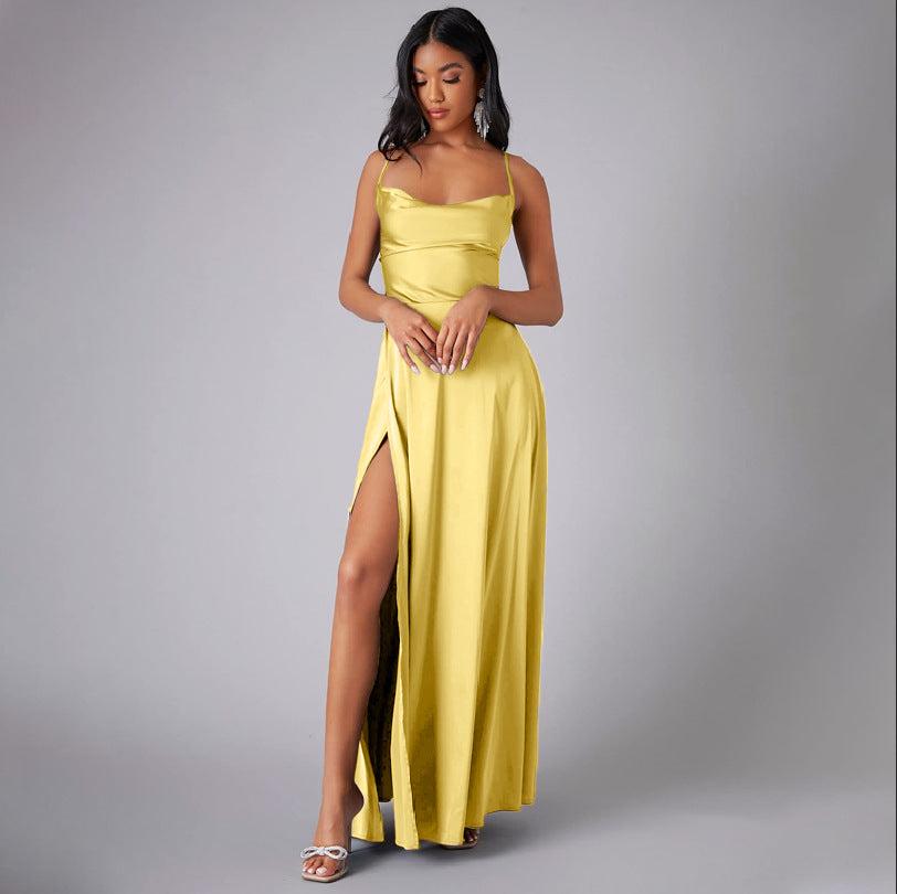 Summer Sexy Slimming Backless Strap Long Split A line Dress Women's Fashion High Waist Belted Gown V-neck