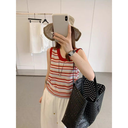 Red striped camisole round neck sleeveless I-shaped vest