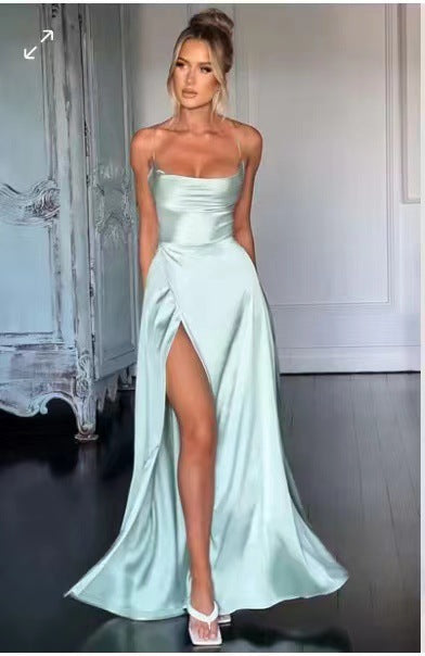 Summer Sexy Slimming Backless Strap Long Split A line Dress Women's Fashion High Waist Belted Gown V-neck