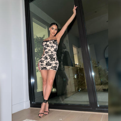 Backless camisole slim fit retro printed bag hip dress for women