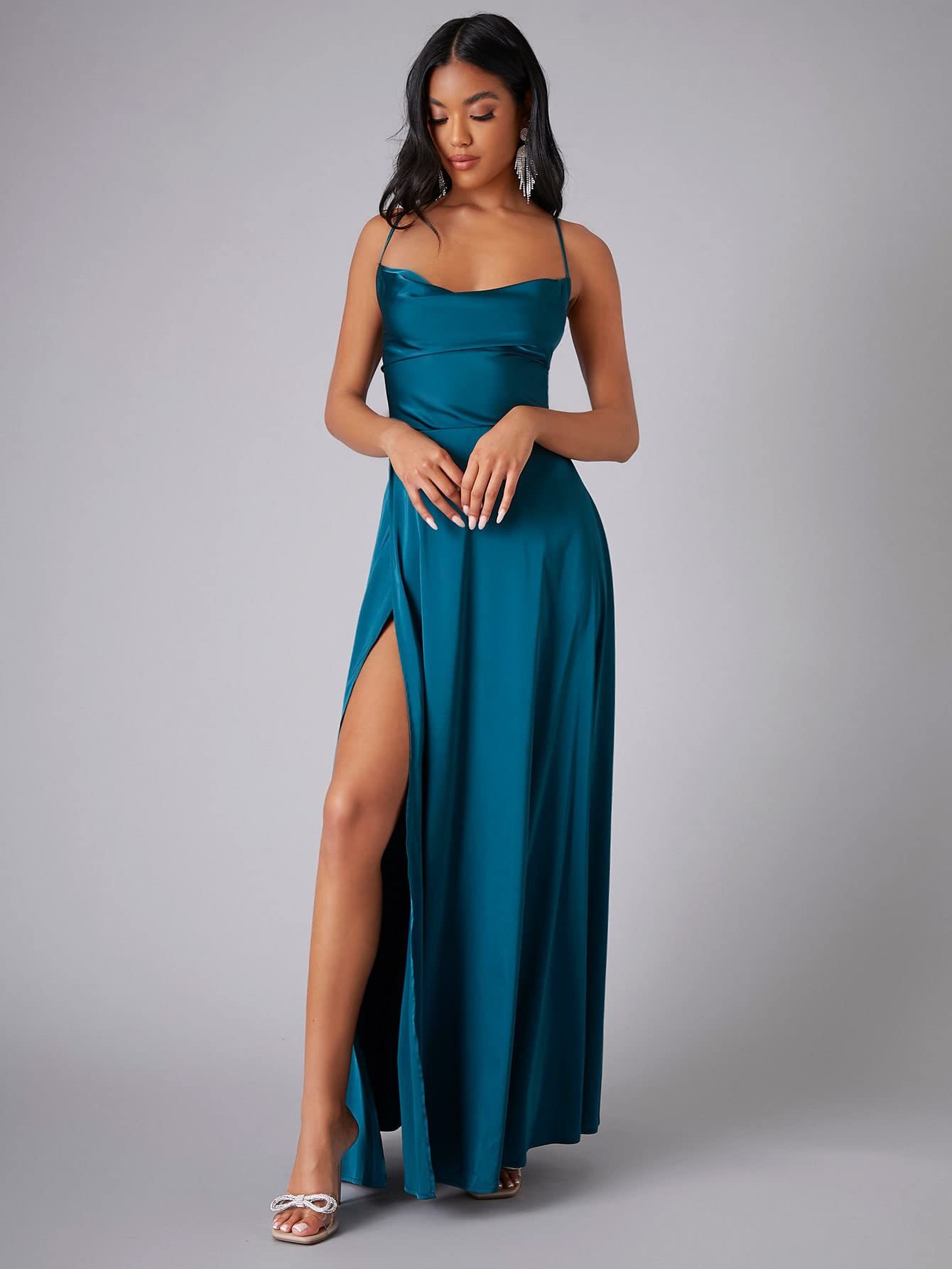 Summer Sexy Slimming Backless Strap Long Split A line Dress Women's Fashion High Waist Belted Gown V-neck