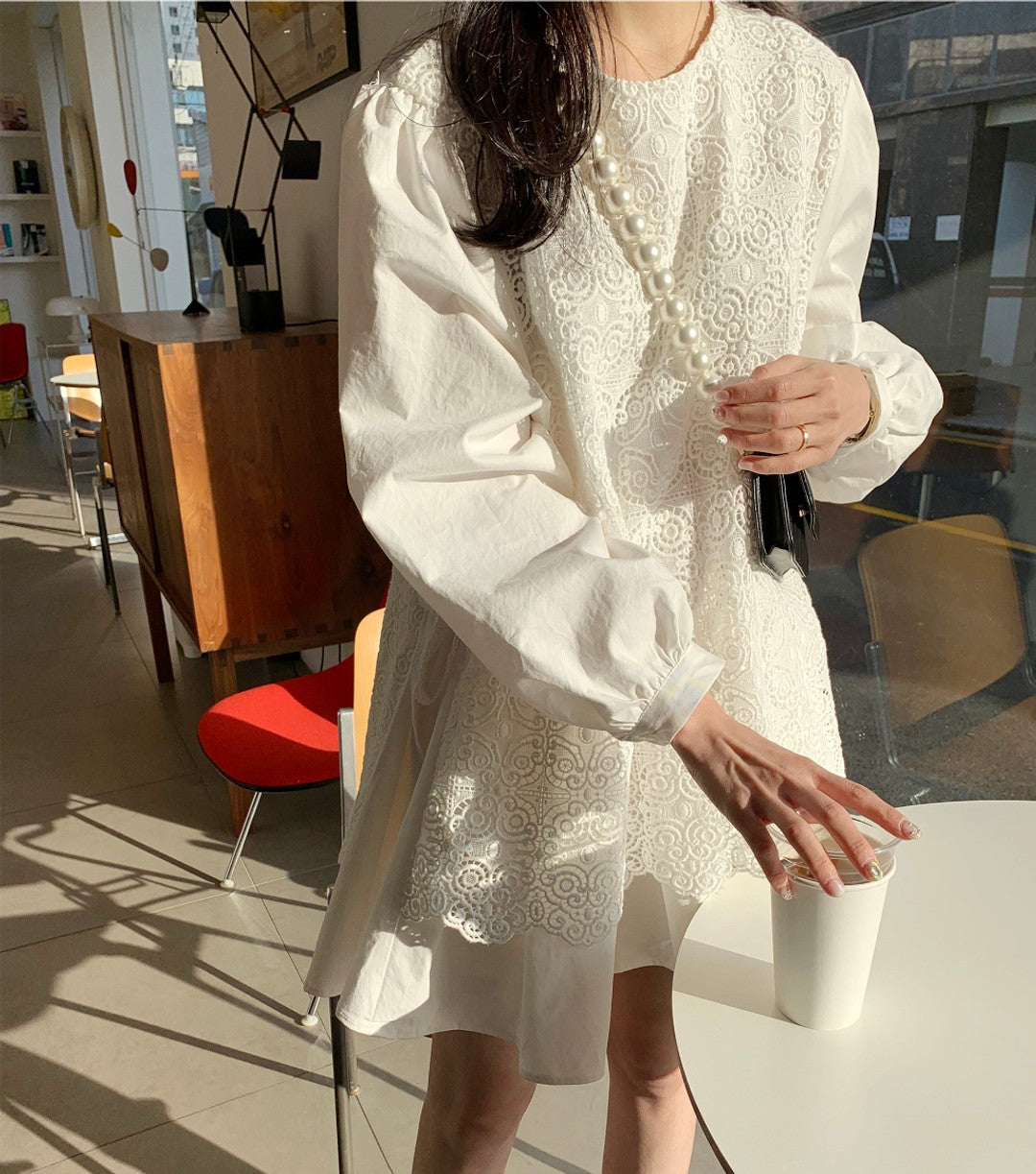 Lace A-line Doll Neck Dress