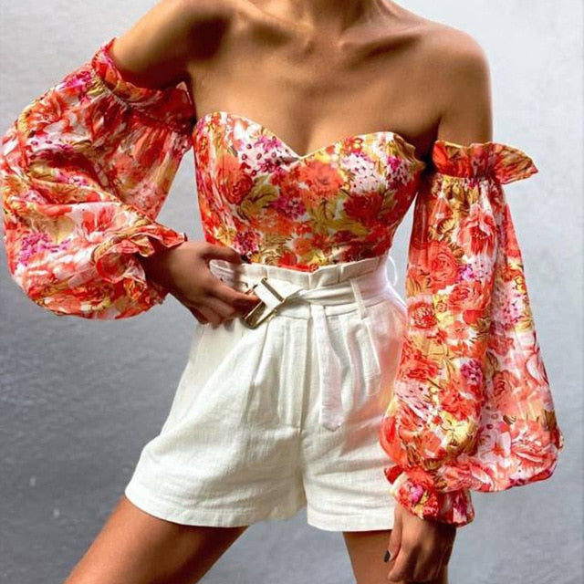 Elegant Floral Print Strapless Chiffon Shirt Fashion Women Off Shoulder Halter Sexy Blouse Shirt Summer Backeless Tops 3XL
