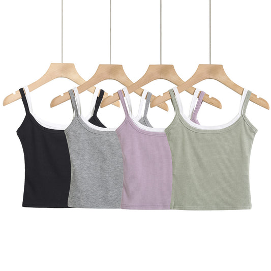Shoulder strap color blocked fake two-piece camisole vest
