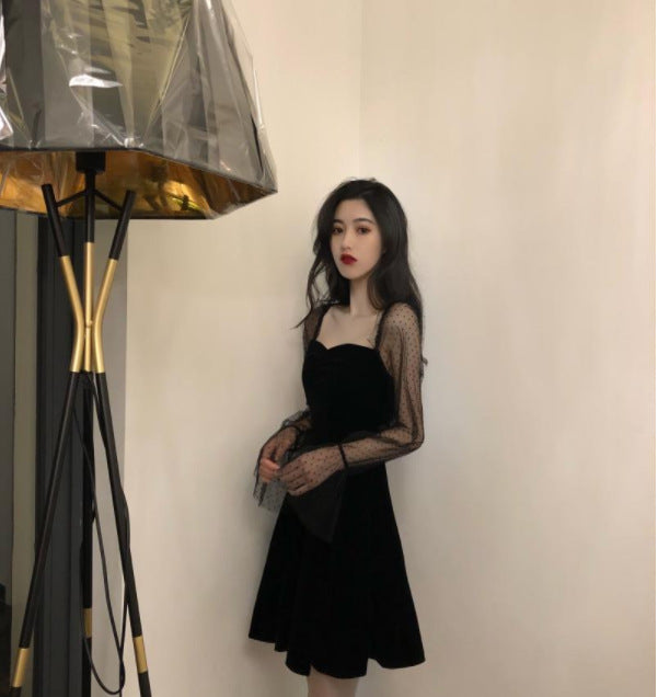 Retro Mesh Sleeves A- Line Dress Black Square Collar Dress