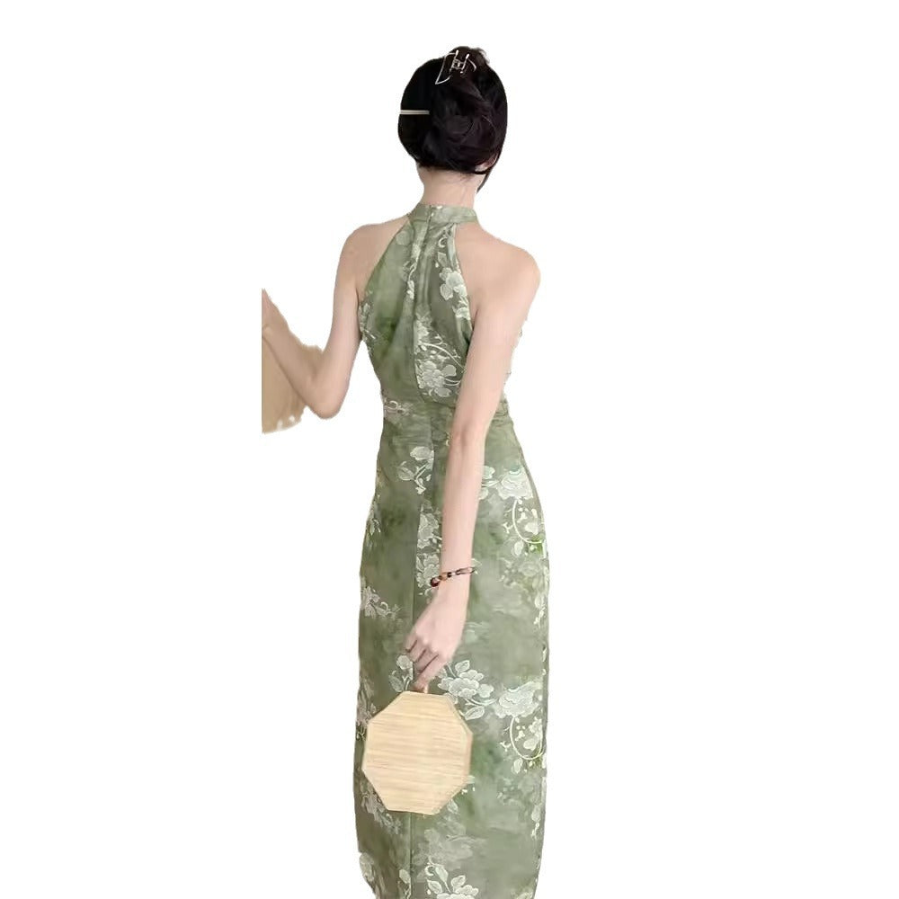 New Chinese-style Ethereal And Serene Halter-neck Waist-cinching Maxi Dress