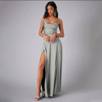Summer Sexy Slimming Backless Strap Long Split A line Dress Women's Fashion High Waist Belted Gown V-neck