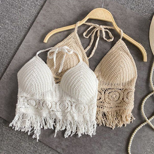 Hanging Neck Small Tank Top with Inner Strap and Chest Pad Open Back Hollow Bra Embroidered Tank Top Women's Short Top