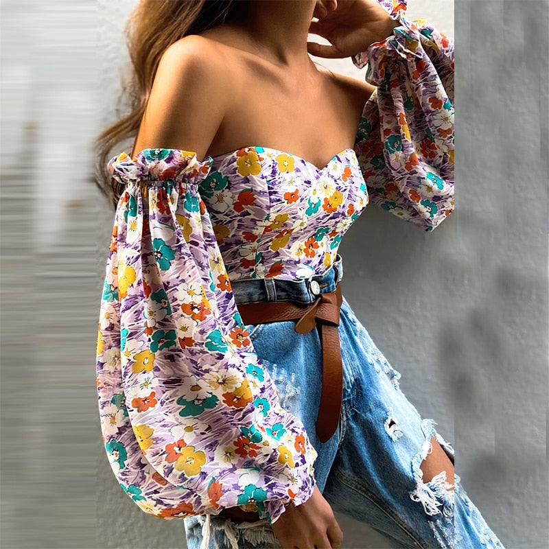 Elegant Floral Print Strapless Chiffon Shirt Fashion Women Off Shoulder Halter Sexy Blouse Shirt Summer Backeless Tops 3XL