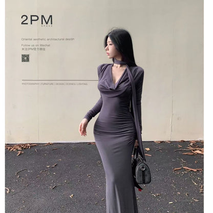 Elegant Cinched-waist Pleated Maxi Dress For Women