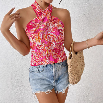 Colorful camisole sleeveless cross neck top