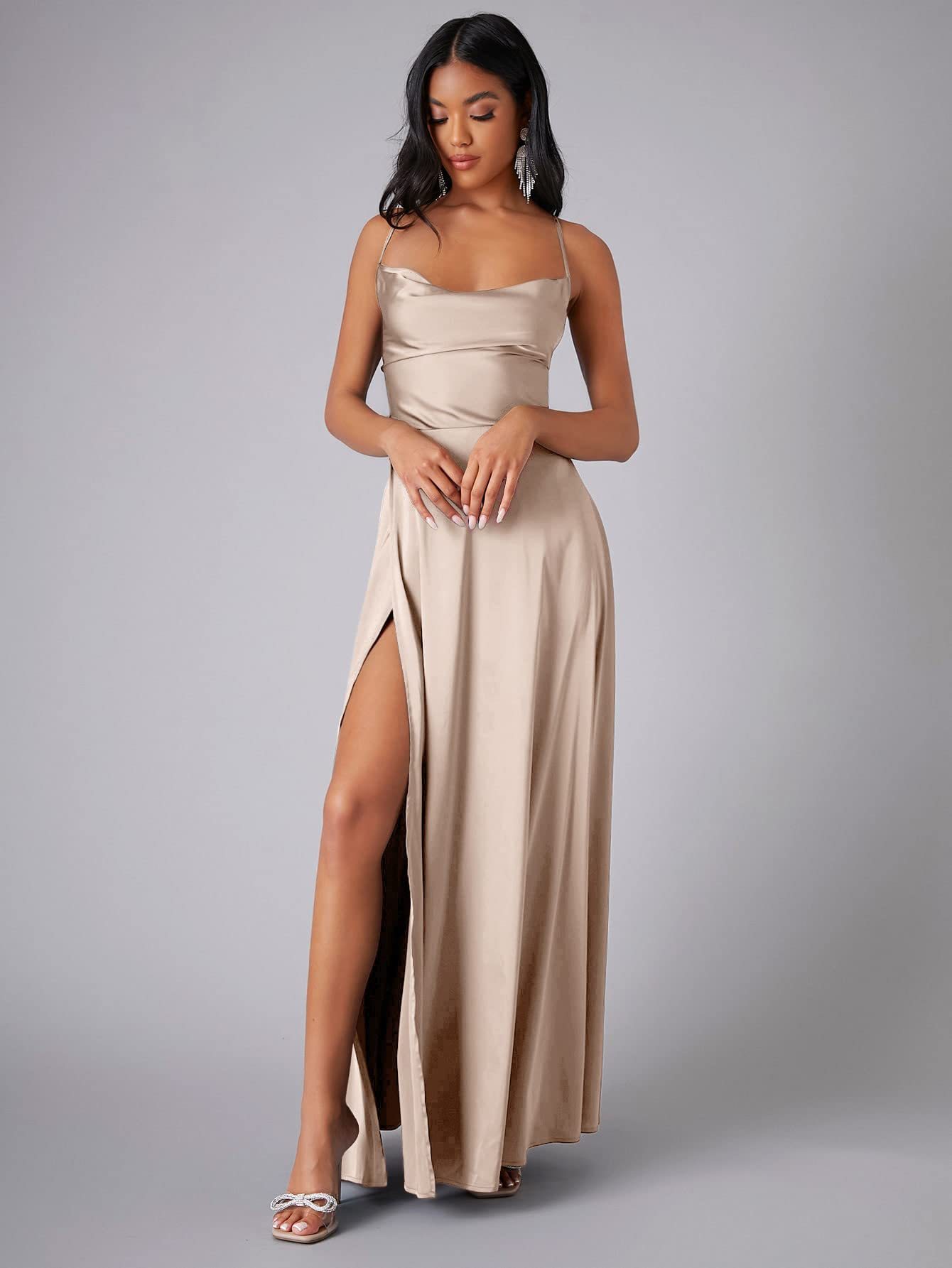 Summer Sexy Slimming Backless Strap Long Split A line Dress Women's Fashion High Waist Belted Gown V-neck