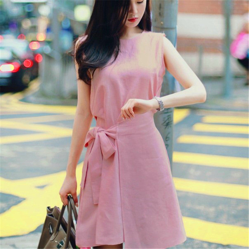 Summer New Style Korean Sweet Irregular Lace Solid Color Loose Round Neck Sleeveless A-Line Dress