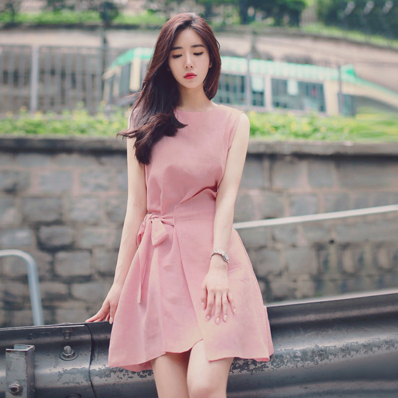 Summer New Style Korean Sweet Irregular Lace Solid Color Loose Round Neck Sleeveless A-Line Dress