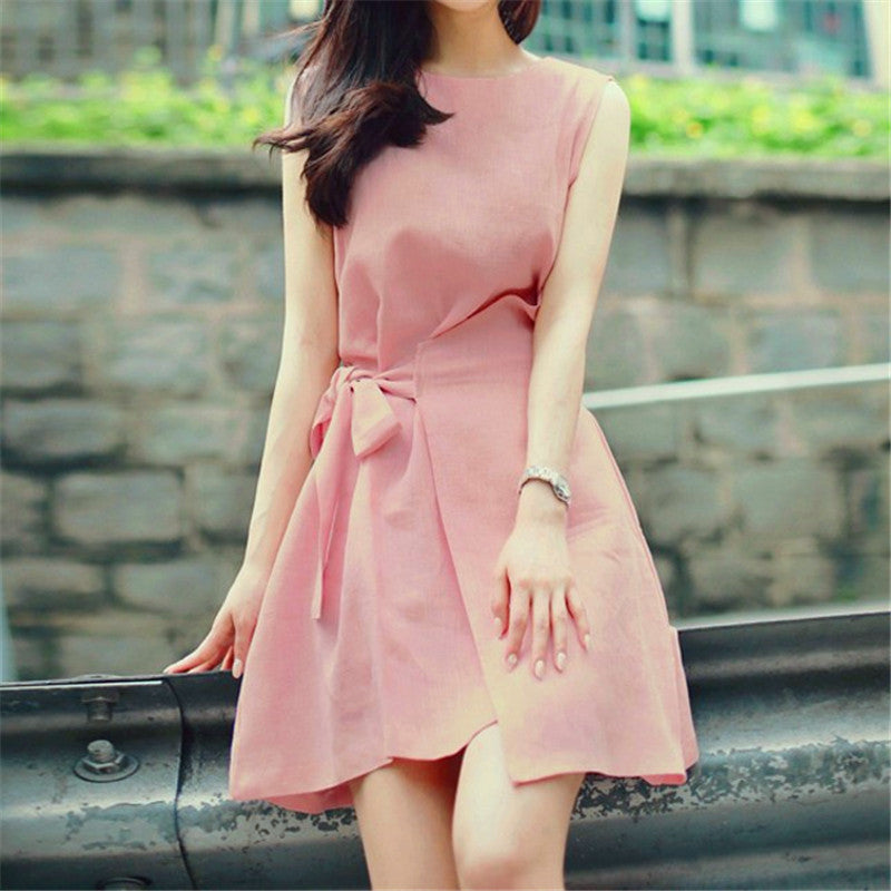 Summer New Style Korean Sweet Irregular Lace Solid Color Loose Round Neck Sleeveless A-Line Dress
