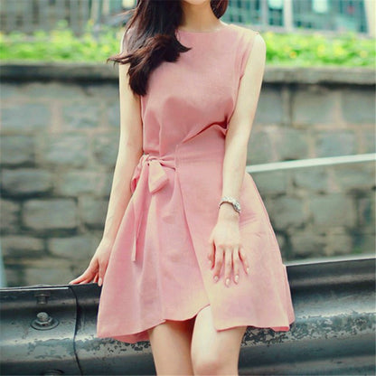 Summer New Style Korean Sweet Irregular Lace Solid Color Loose Round Neck Sleeveless A-Line Dress