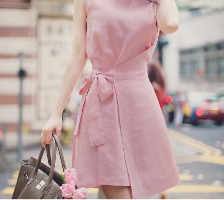 Summer New Style Korean Sweet Irregular Lace Solid Color Loose Round Neck Sleeveless A-Line Dress