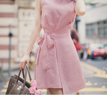 Summer New Style Korean Sweet Irregular Lace Solid Color Loose Round Neck Sleeveless A-Line Dress