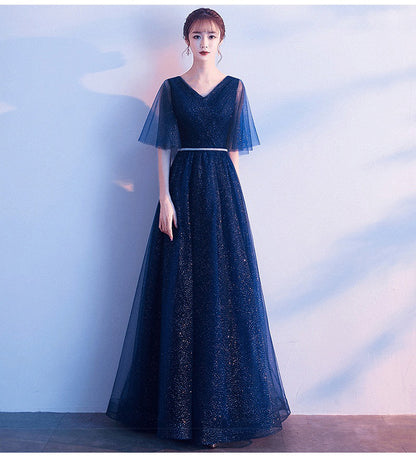 Beauty-Emily Tulle V Neck Ruffle Evening Dresses Long A-line Crystal Formal Dress Party Prom Gowns Lace Up Back Vestido de noche