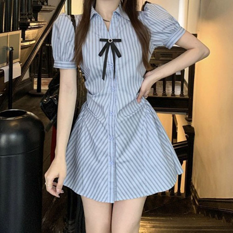 Striped Short Sleeve Dress Women's Summer Design Tight Waist Slimming Bow A- Line Skirt