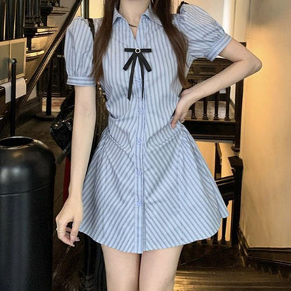 Striped Short Sleeve Dress Women's Summer Design Tight Waist Slimming Bow A- Line Skirt