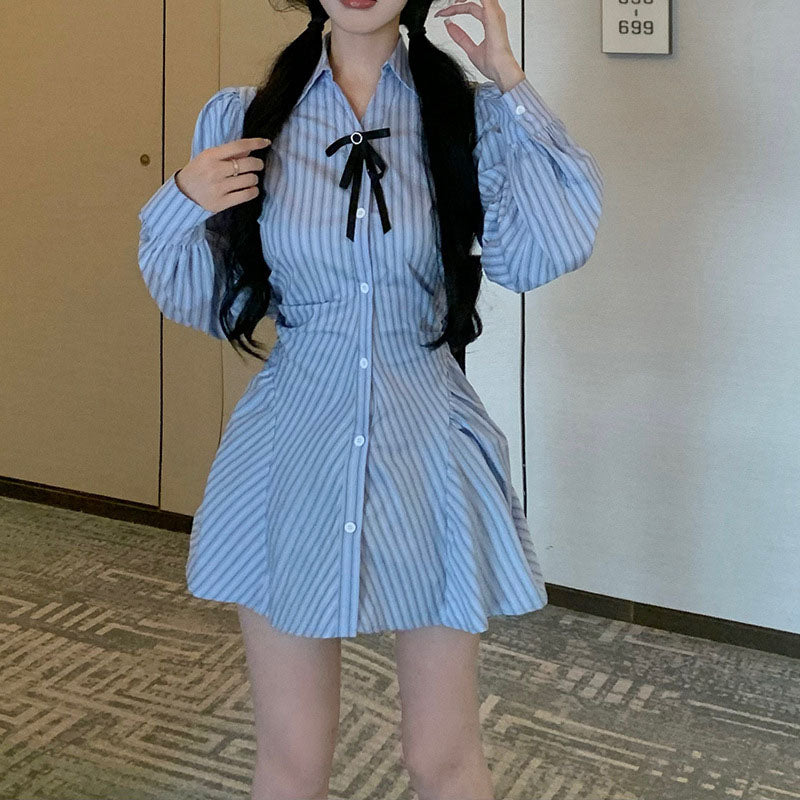 Striped Short Sleeve Dress Women's Summer Design Tight Waist Slimming Bow A- Line Skirt