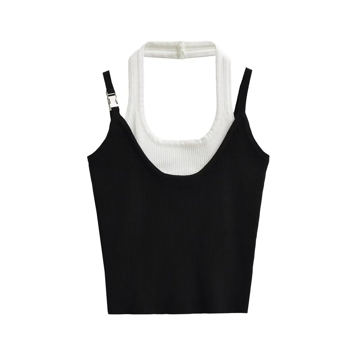 Fake two color blocked hanging neck sleeveless tops