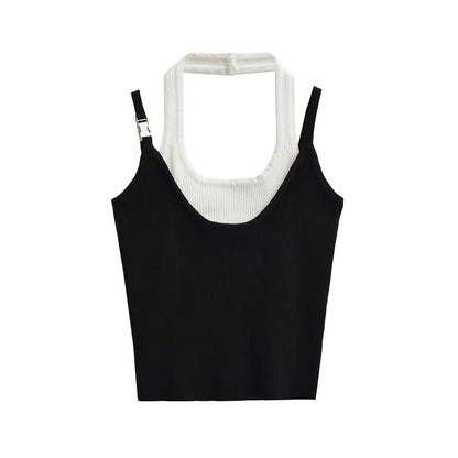 Fake two color blocked hanging neck sleeveless tops