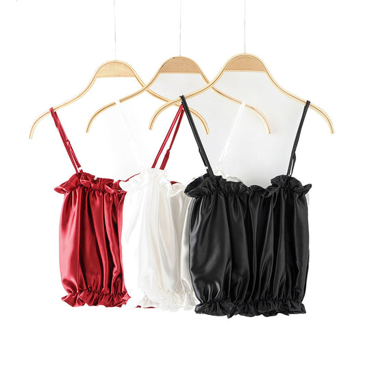 Silk satin shiny ruffle edge camisole vest