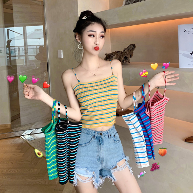Knitted Rib Crop cropped Top Knitting Striped cropped Women Spaghetti Strap Slim Fit Cropped Tops Female Going Out Top