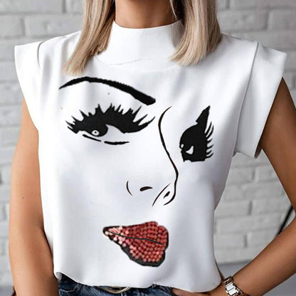 Women Elegant Lips Print Blouse Shirts Summer Casual Stand Neck Pullovers Tops Ladies Fashion Cute Eye Short Sleeve Blusa