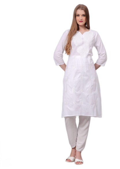 JG JAI GOVINDAM Indian Hand Embroidered White Kurti for Women Chikankari Straight Cotton Long Kurtis Tunic Kurta Dreses for Women (Large)