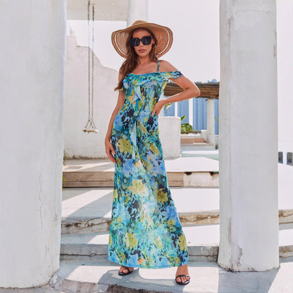 New Off-shoulder Printed Maxi Slip Dress For Women