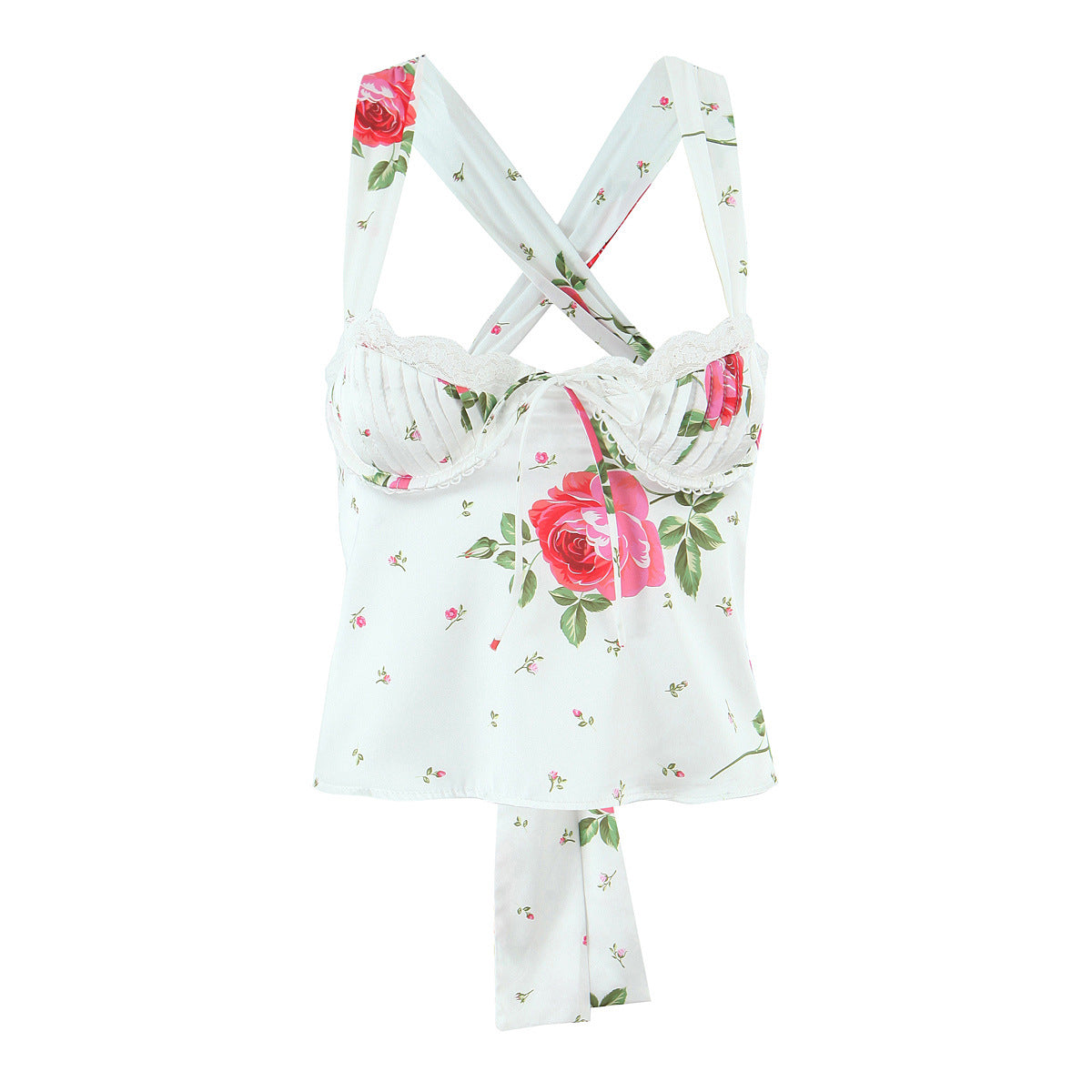 Rose print camisole strapless pleated lace patchwork camisole