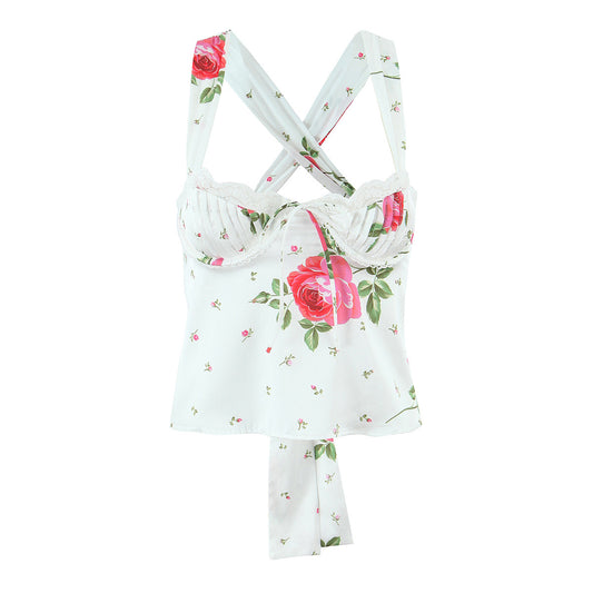 Rose print camisole strapless pleated lace patchwork camisole