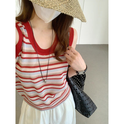 Red striped camisole round neck sleeveless I-shaped vest