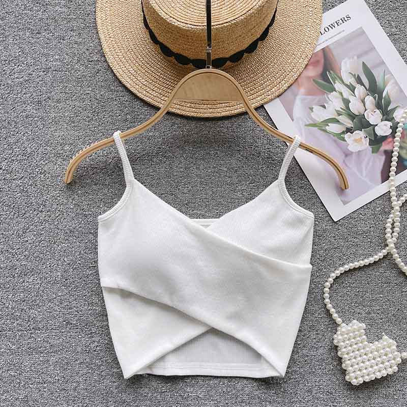 Ribbed Camisole Summer Fitted Strap Inner Wear with Fixed Pads High Elasticity Crossed Back Design