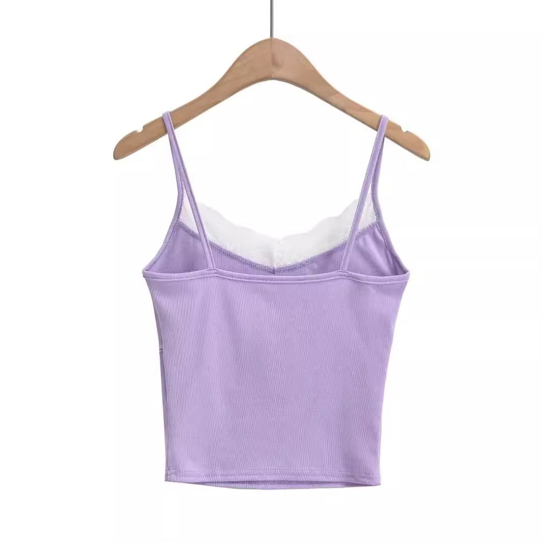 Lace edge splicing slim fit short camisole tank top
