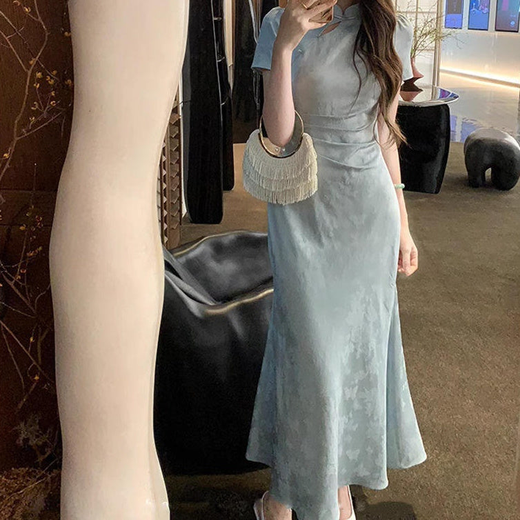 Retro Dark-pattern Short-sleeve Maxi Dress